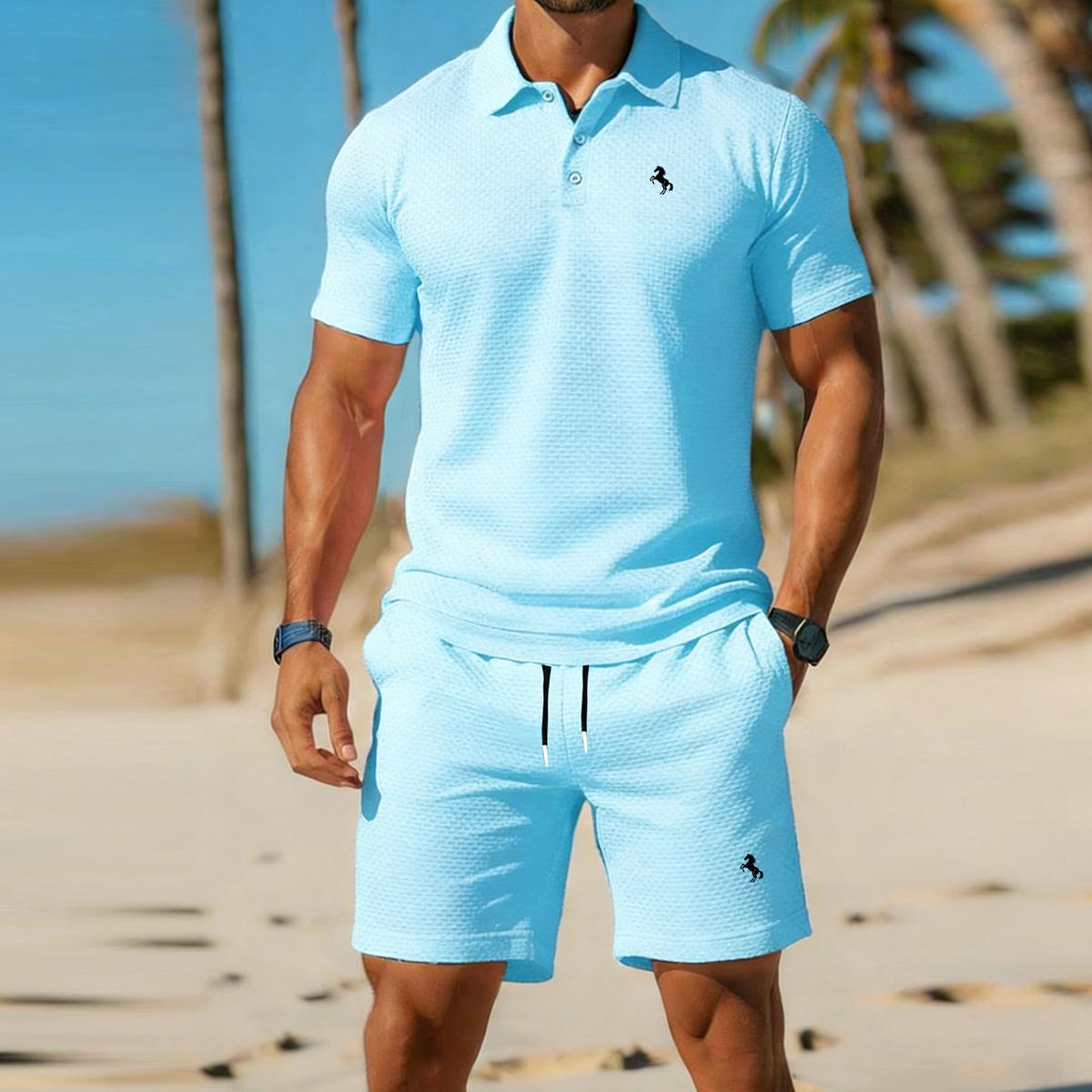 Sommer-Herren-Outfits 2-teilig - Locker geschnittene kurzärmelige Hemden und Shorts-Sets; Anzüge für Business, Pendeln, Golf und Freizeit S blau