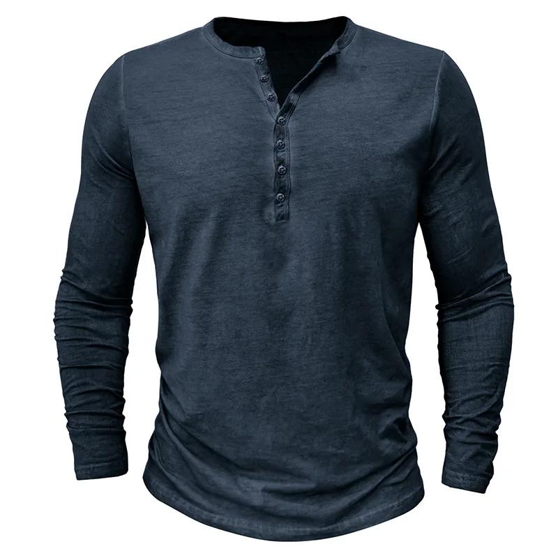 Herren T-Shirt Batik Henley Hemd Hemd Vintage Einfarbig Langarm Knopf Gewaschen Abgetragen V-Ausschnitt T-Shirt Herren Hemd 5XL blau