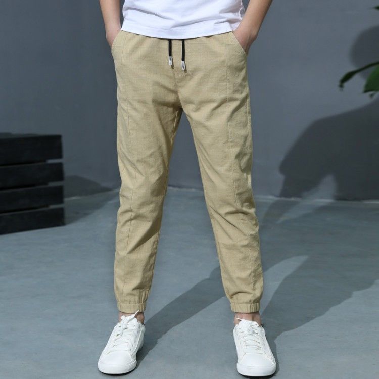 Hosen Junge Kinder Frühling Solide Baumwolle Leinen Hosen Kinder Hosen Junge Mode Voll Gerade Hosen 140CM khaki