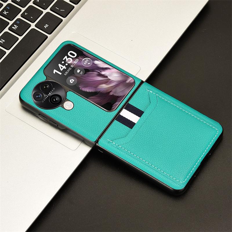Für OPPO Find N3 Flip N2 Flip Litschi PU echtes Leder äußere Karte Handy-Schutzhülle obere und untere Klappbildschirm OPPO Find N2 Flip blue