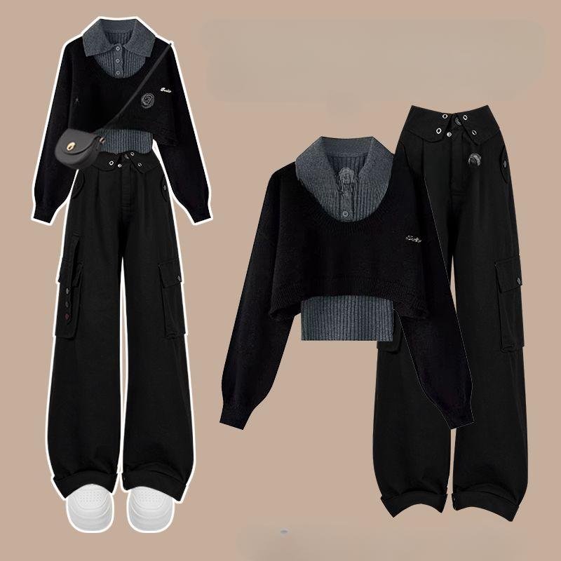 Herbst- und Winterset für Damen, koreanischer Strickpullover, Polo-Shirt für Damen, vielseitige Arbeitskleidung, dreiteiliges Set M schwarz