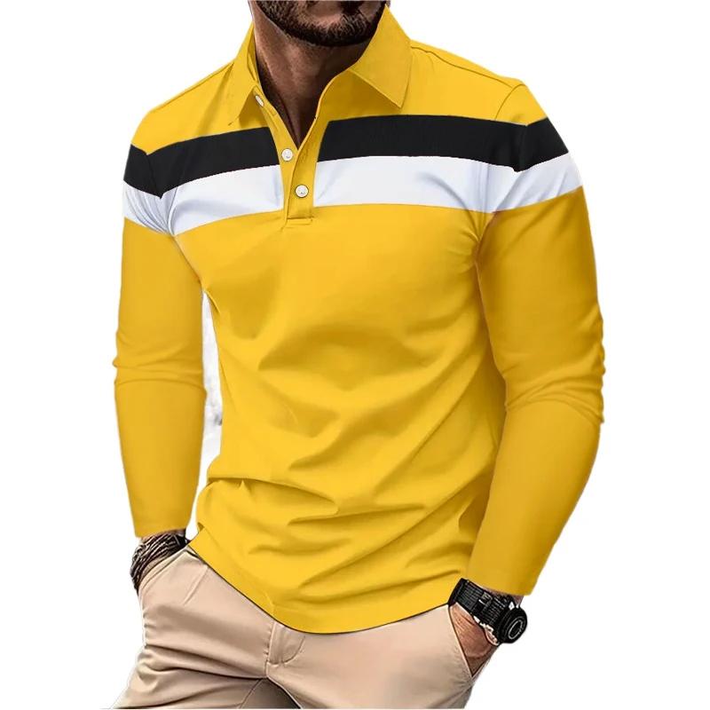 Neue Sweatwear Herren Langarm Revers Atmungsaktive Hemden für Herren Polo Homme Basic Großes Oberteil Spleiß Polo T-Shirt für Herren S gelb