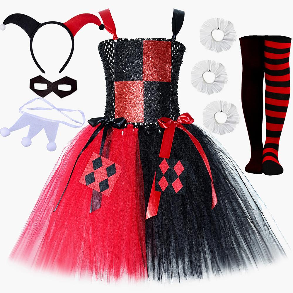 Rot Schwarz Clown Halloween Kostüm für Mädchen Zirkusaufführung Ausgefallenes Kleid für Kinder Karnevalsparty Outfit Kinder Joker Kleidung 160 rot