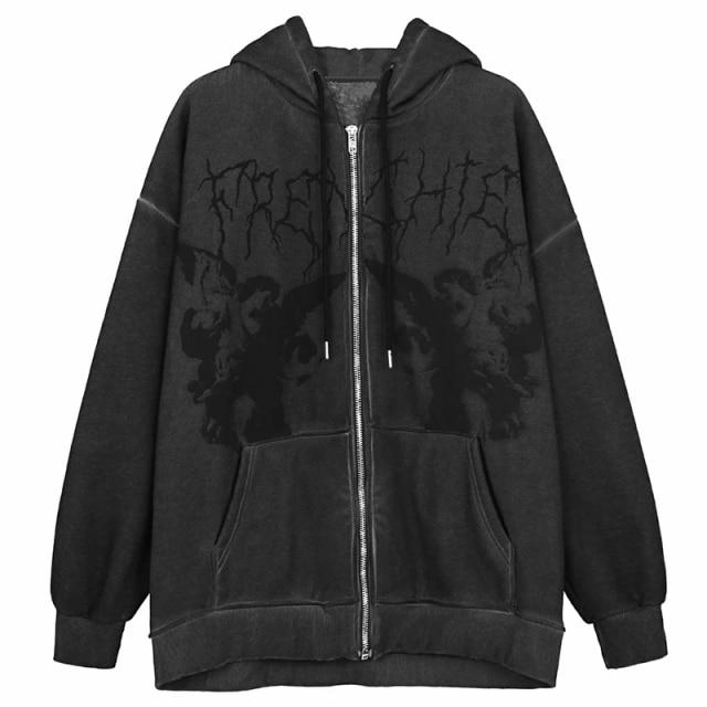 Hip Hop Streetwear Frauen Hoodies Goth Angel Dark Print Zipper Jacke Mantel Harajuku Y2K Mit Kapuze Top Kleidung Männer Frauen Punk outwear L schwarz