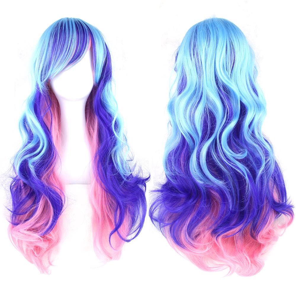Soowee Synthetisches Haar Ombre Regenbogen Cosplay Perücke mit Pony Rot Gelb Lila Grün Blau Perücken für Schwarze Frauen 28inches