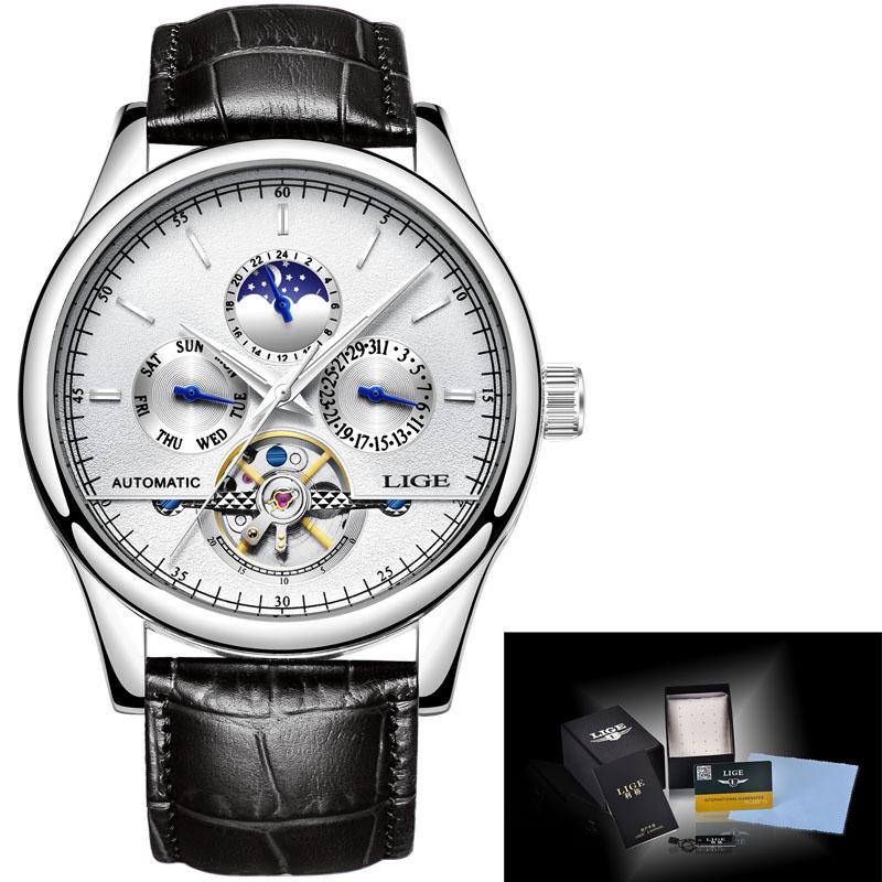 LIGE Mode Uhr Marke leder Uhr Automatische Männer Armbanduhr Männer Mechanische Stahl Uhren silber/weiß