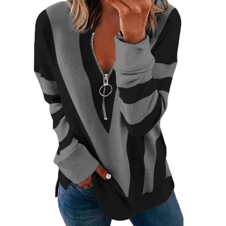 YYFS Damenmode, lässig, Farbblockdruck, Herbst/Winter, langärmelig, V-Ausschnitt, Pullover und lange Ärmel L grau