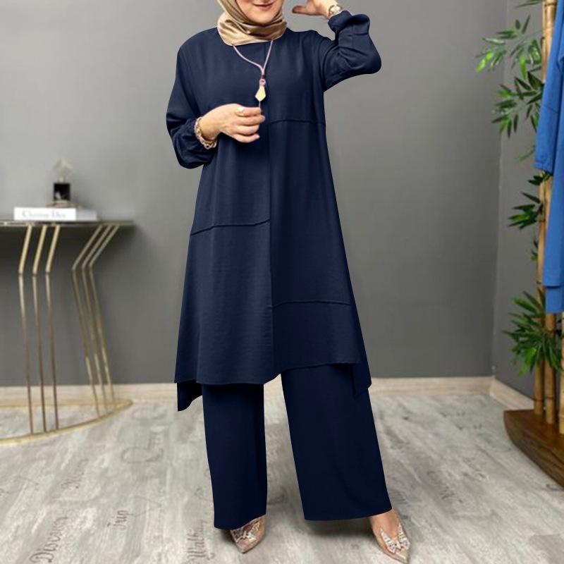 Ramadan Zweiteiler-Sets, Hemd, Kleid, Hose, Damen, muslimische Sets, Hemd, Bluse, Musulman-Ensembles, marokkanisches Kaftan-Kleid XL blau