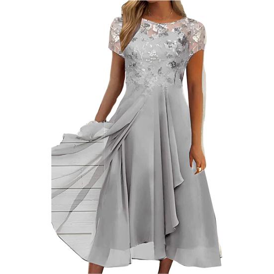 O-Ausschnitt Halb Elegent Beauty Lady Kleid Flowy Saum Brautjungfer Chiffon Patchwork Kleid Elegante Häkelspitze Ärmel Unregelmäßiges Gast Midi Kleid M weiß
