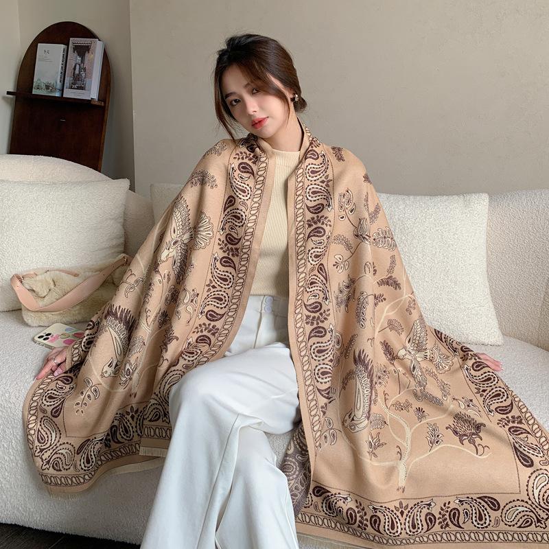 Leichter Luxus High-End Klimaanlagen-Schal mit Damen-Imitationskaschmir-Jacquard-Schal, vielseitiger Fransen-Warmschal 190 kamelfarben