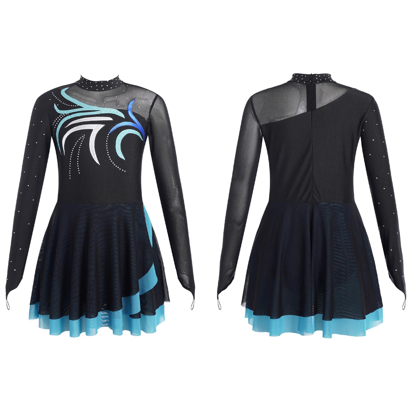Kinder Mädchen Eiskunstlauf Tanz Performance Kleider Strass Mesh Patchwork Langarm Mock Neck Kleid Dancewear 7-8 Years himmelblaue