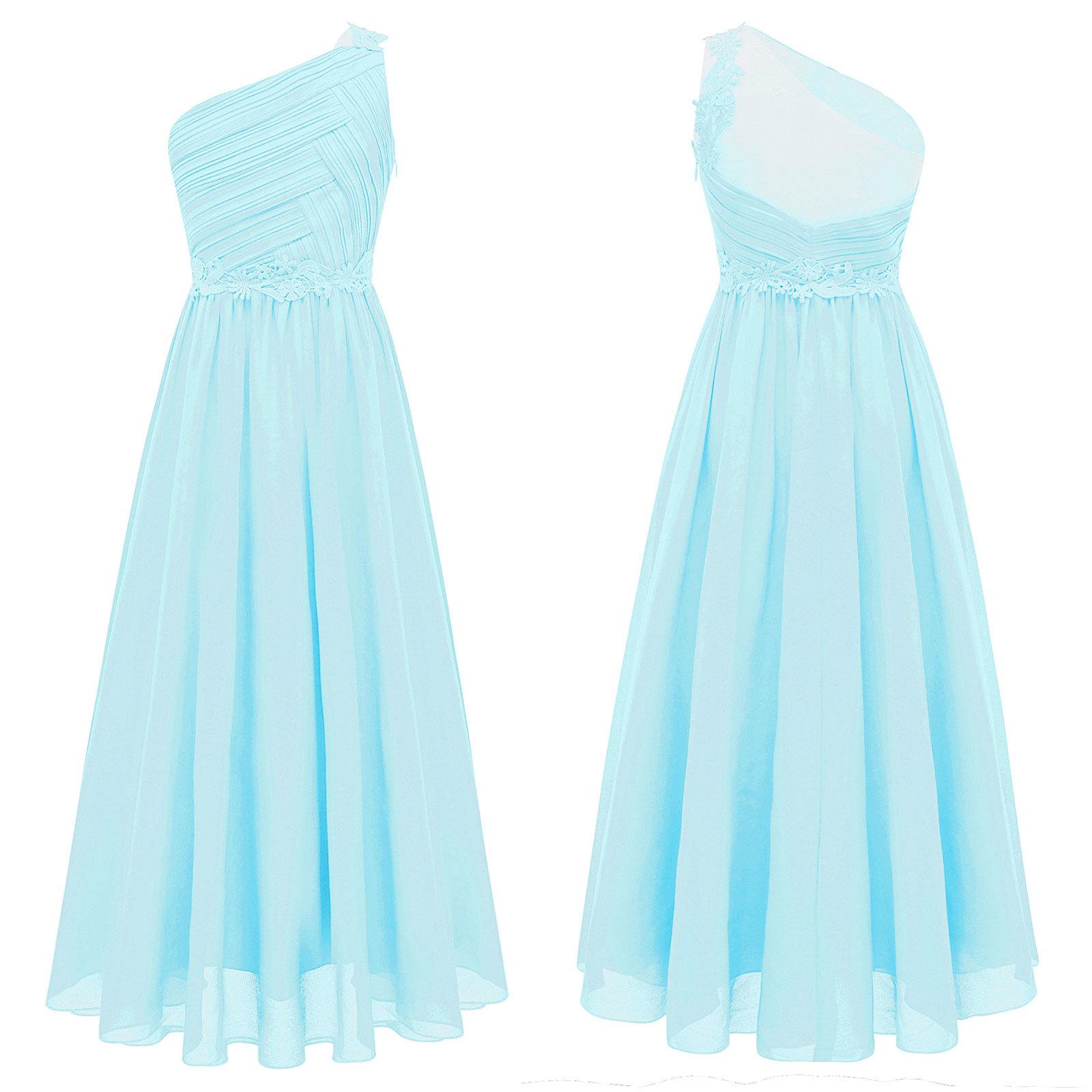 Mädchen One Shoulder Plissee Abend Hochzeit Party Langes Maxi Maxi Junior Brautjungfernkleid Kinder Erstkommunion Kleider 9-10 Years hellblaue