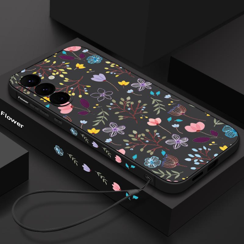 Für Samsung Galaxy S25 S24 S22 Ultra Plus S23 S21 S20 Fe A55 A54 A53 A35 A15 5g Blumenmuster Lanyard Stoßfestes schlankes Objektivschutz-Tpu-Softcover Samsung S23 Plus schwarz