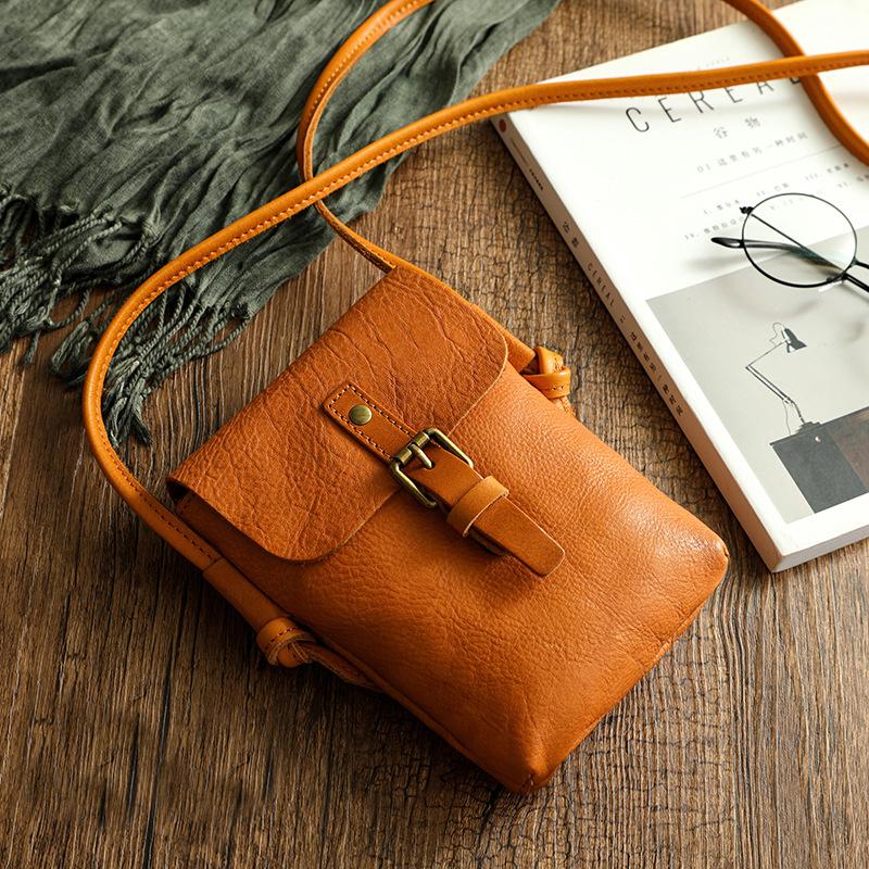 Johnature Simple Echtes Leder Frauen Tasche Retro Solid Color Natürliche Rindsleder Mini Telefontasche Freizeit Kleine Umhängetaschen gelb