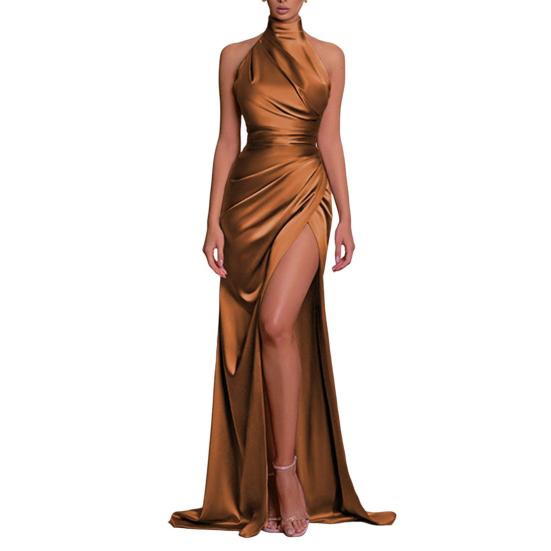 Damen Ballkleid Stehkragen Neckholder Schulterfrei Ärmellos Satin Abendkleid Slim Fit Plissiert Einfarbig Hoher Schlitz Bodenlanges Maxikleid XS orange