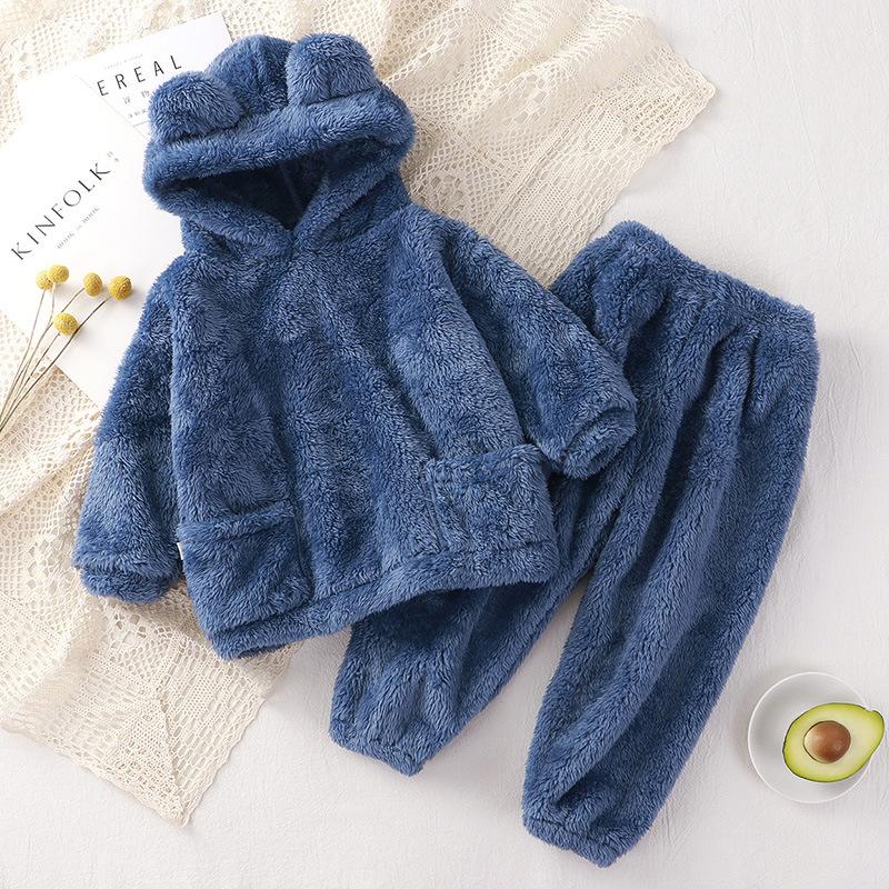 Herbst Winter Baby Kleidung Set Warme Fleece Mit Kapuze Pullover Hosen Kinder Jungen Sets Kleidung Hause Freizeit Tragen Kleinkind Mädchen Outfit 90cm blau