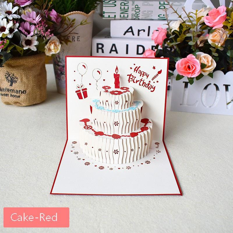 1 Stück 3D-Pop-Up-Karten, Geburtstagskarte für Mädchen, Kinder, Ehefrau, Ehemann, Geburtstagskuchen, Grußkarte, Postkarten, Geschenke, Karte mit Umschlagaufklebern Cake-Red