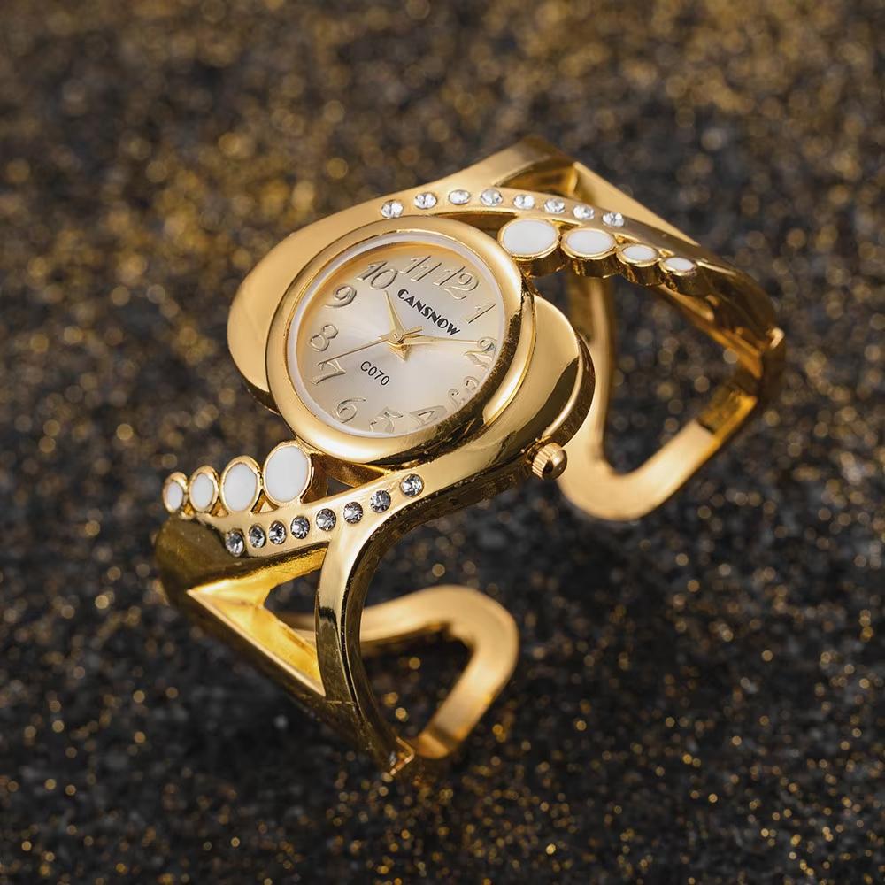 Luxus Damen Armreif Armbanduhr Damen Elegante Quarzuhr Weiblich Strass Mode Uhr Mädchen Armbanduhr Saati Relojes gold