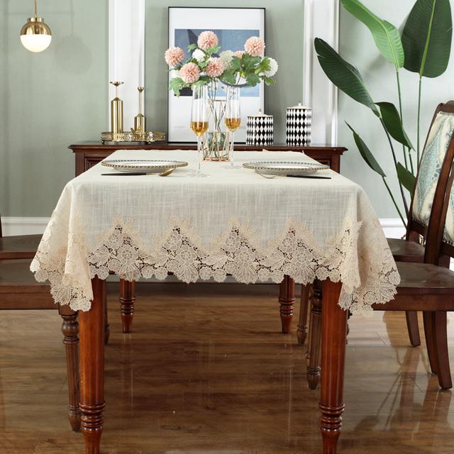Tischdecke Weiße Tischdecke Amerikanischer Leinen-Baumwolltisch Juppe Tischdecke Blumenstoff Nordischer Fernsehschrank Spitzenmuster Modern 130X200cm
