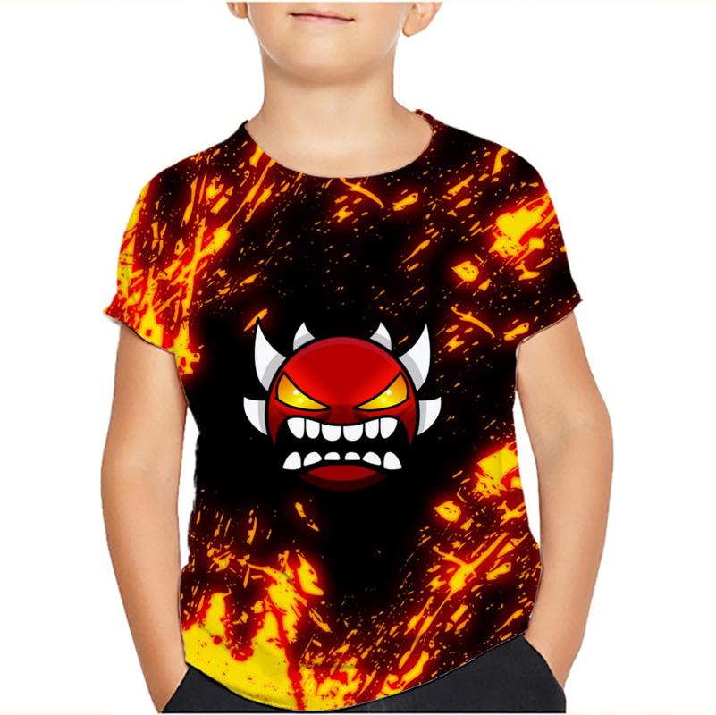 Angry Geometry Dash T-Shirt Tops für Kinderkleidung Sommer Casual Kinder T-Shirts Mädchen Jungen Kinder Cartoon T-Shirts 140 orange