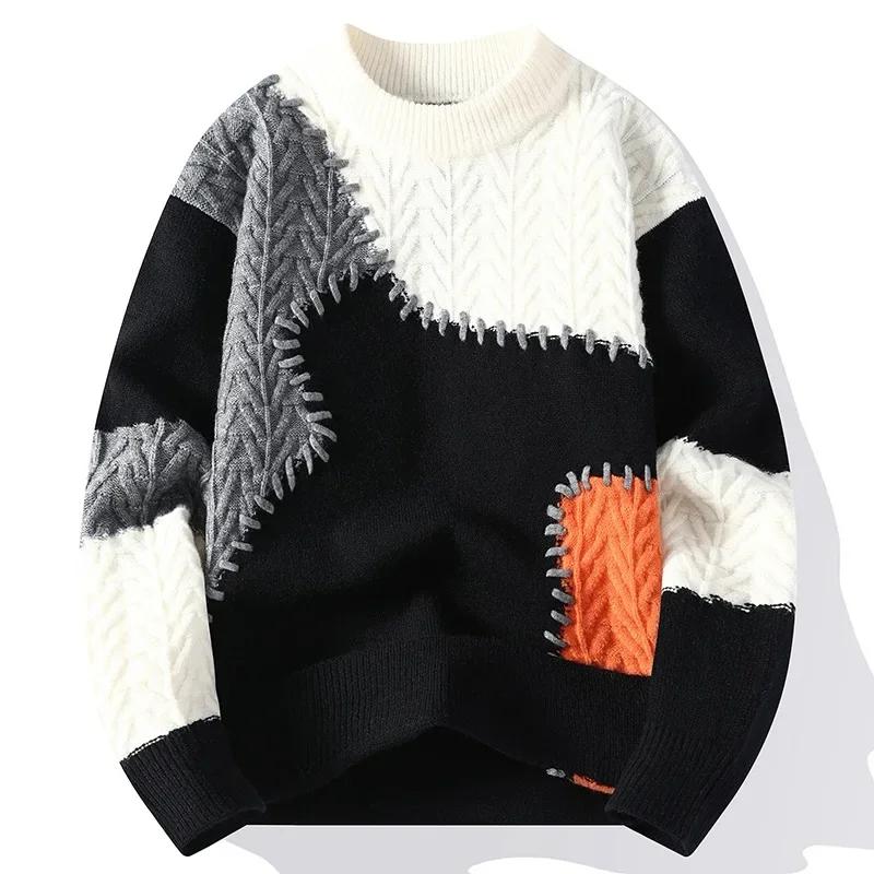 2024 herren Gestrickte Pullover Männer Mode Lässig Patchwork Pullover Herbst Winter Männer Dicke Warme Rundhals Gestrickte Männer Hohe-qualität Pullover XXL schwarz