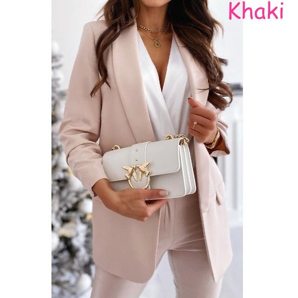 Frauen Langarm Einfarbig Anzug Blazer Casual Slim Täglichen Anzug Plus Größe S-3XL S khaki