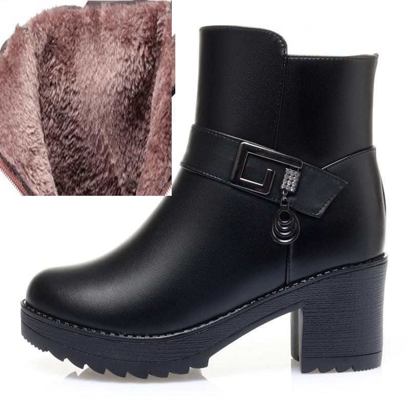 Winterstiefel Damen Plattform Naturwolle High Heel Damen Stiefeletten Dicker Absatz Warme Damen Kurze Stiefel 39