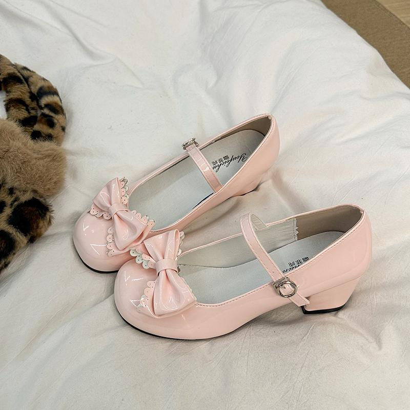 Mode Damen Lolita Schuhe Schleife Süße Partykleid Schuhe Stil Niedlich Runde Spitze Jane Pumps Mittelhohe Absätze Mode Hohe Absätze Zapatos De Mujer 40 rosa