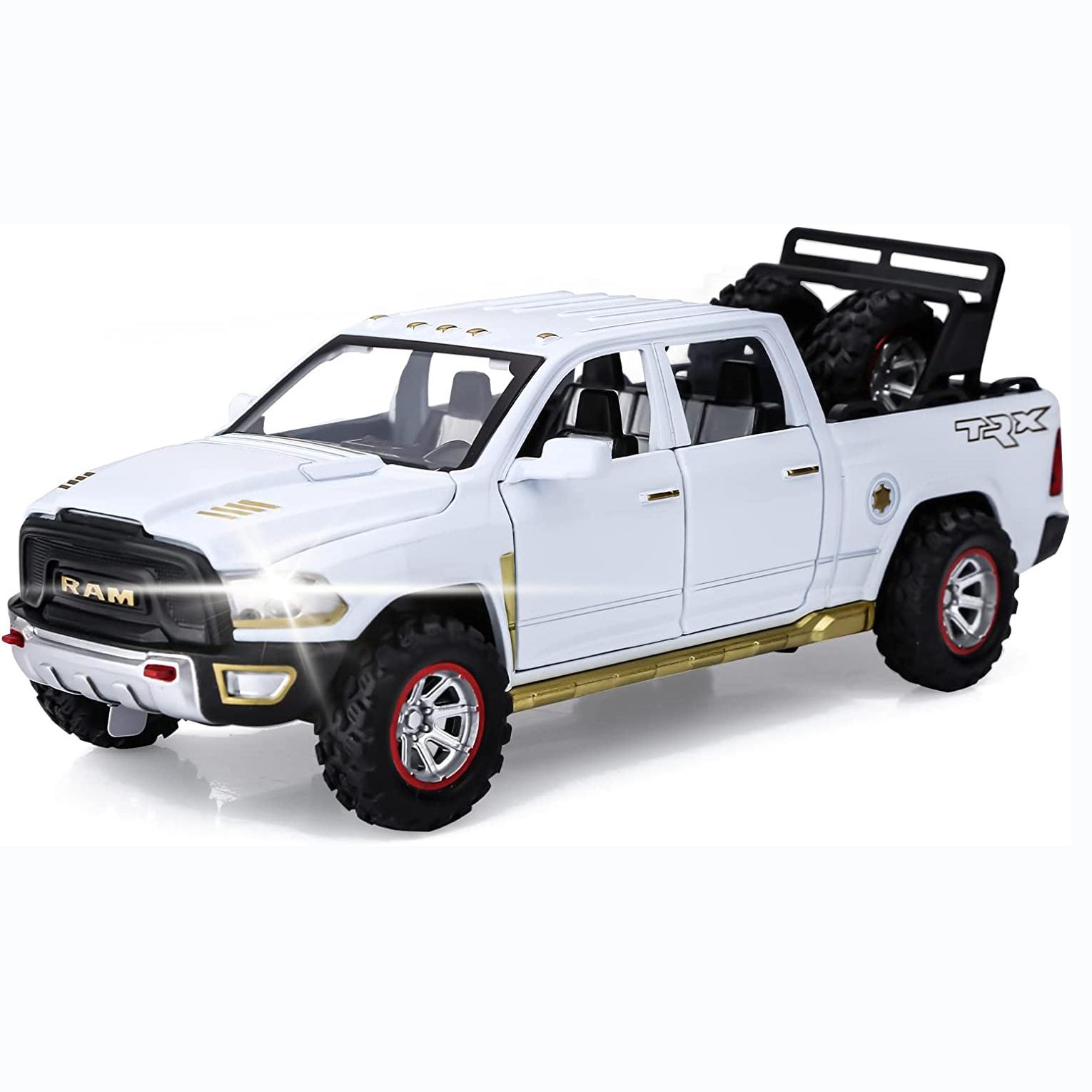 1/32 Spielzeug-Trucks für Jungen RAM TRX 1500 Druckguss-Metall-Pickup-Truck Spielzeug, zurückziehbare Modellautos mit Licht und Sound für Kinder im Alter von 3–7 Jahren 1/32-18x7x6.5cm weiß