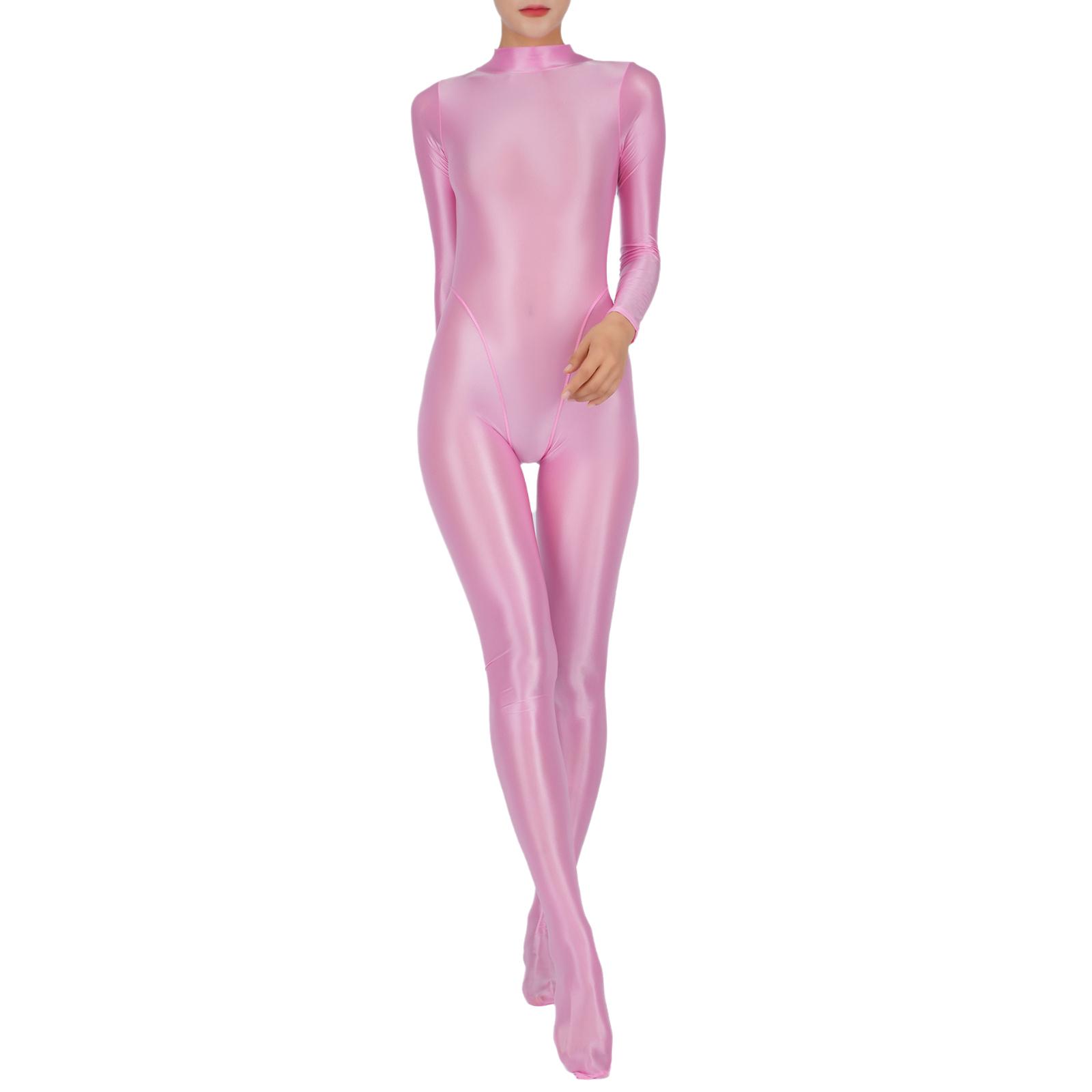 Damen Ganzkörper-Jumpsuit Sport Gym Yoga Tights Bodysuit Rollkragen Langarm Mit Füßen Einteiliger Jumpsuit Clubwear Sportwear 3XL rosa