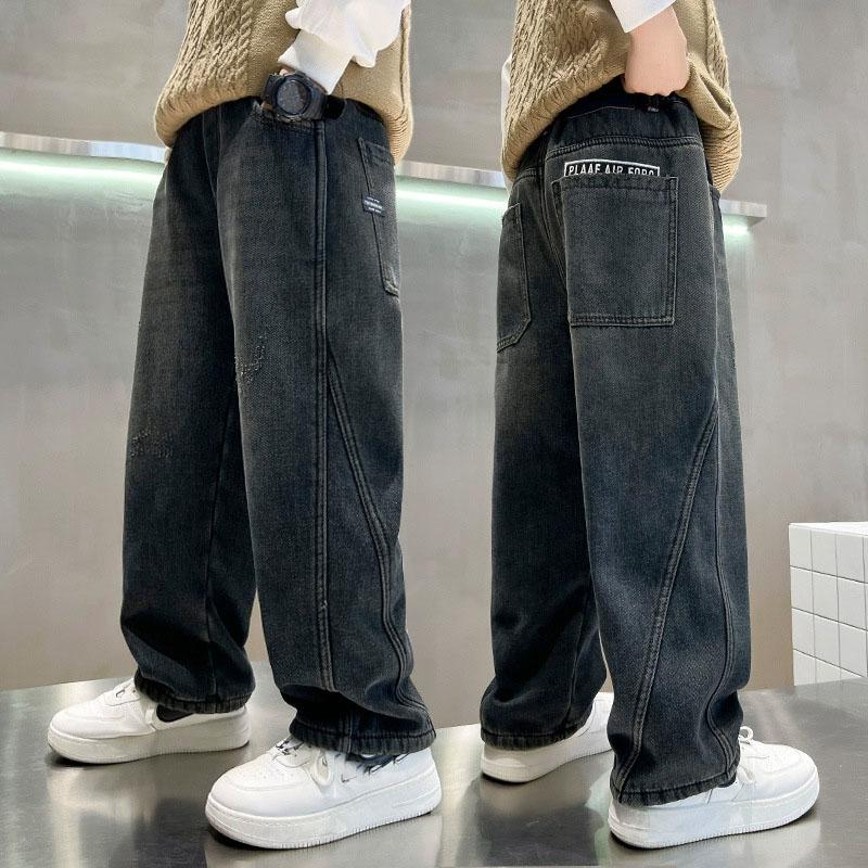 Jungen Jeans Einfarbig Elastischer Bund Hosen Kinderjeans Locker Weitbeinige Hosen Teenager Lässige Gerade Hosen 5-14J 170