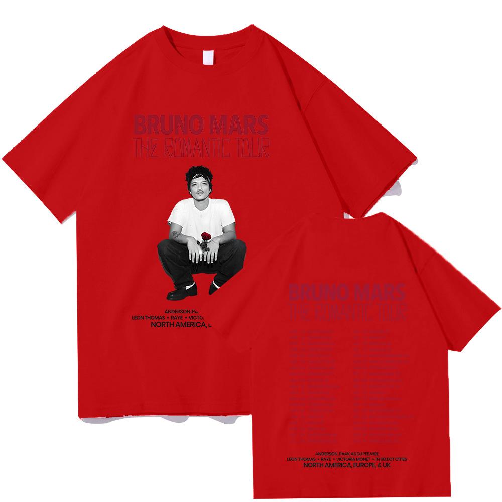 Bruno Mars The Romantic 2026 Tour T-Shirt Bruno Mars T-Shirt Unisex Jugend- und Erwachsenen-T-Shirt Konzert-Outfits Baumwolle Komfortable Schicke Oberteile M rot