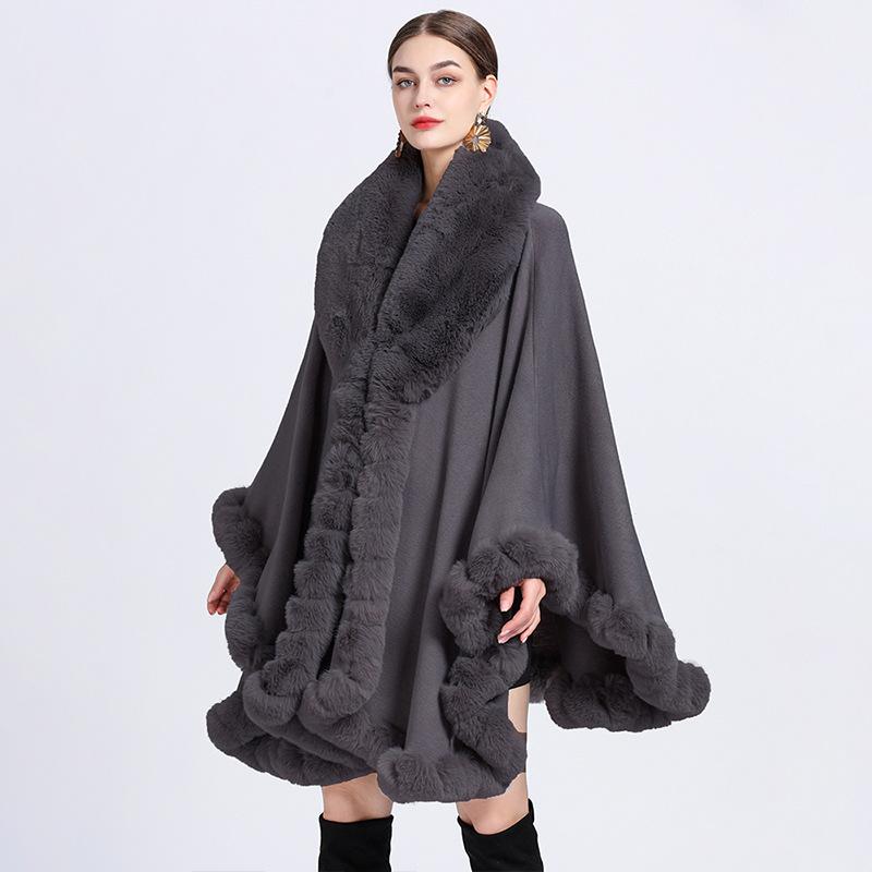 Eleganter V-Revers-Faux-Rex-Kaninchen-Pelz-Mantel-Umhang-Winter-Frauen-großer langer Schal-voller Trim-Pelz-Strickmantel-Mantel-großer Parka One size dunkelgraue