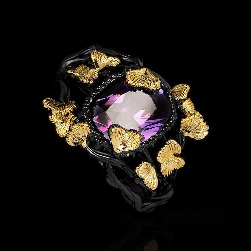 Exquisiter Ring für Frauen, Schwarzgold, Schmuck, Lila, glänzend, hell, Zirkon-Ring, Schmetterlings-Blumenring, Party-Schmuck, Hochzeit, Brautschmuck 10 schwarz