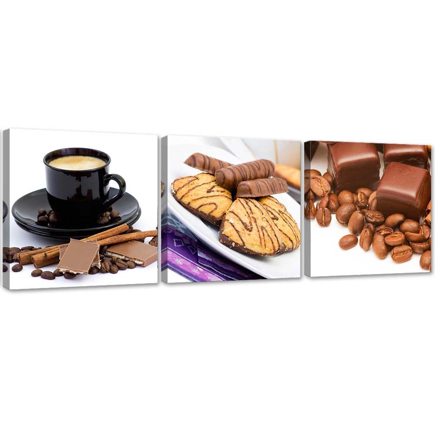 Set aus drei Bildern auf Leinwand mit Kaffee-Süßigkeiten 90x30 braun