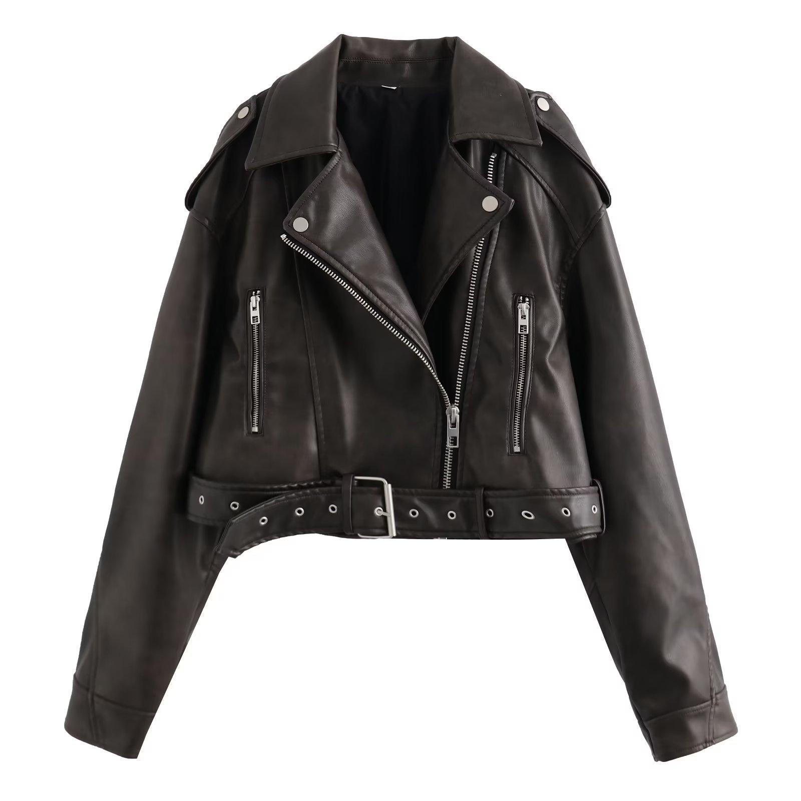 Frauen Herbst Pu Leder Jacke Zipper Gürtel Revers Kurzen Mantel Weibliche Motorrad Schwarz Faux Leder Outwear S schwarz