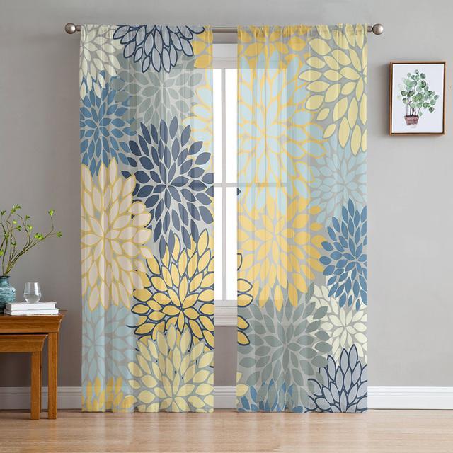 Dahlie Vintage Farbe Gelb Blume Tüll Vorhänge Für Wohnzimmer Sheer Vorhänge Für Schlafzimmer Küche Fenster Vorhang 135W x 137H(cm)x2