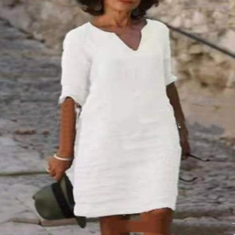 Sommer V-Ausschnitt Baumwolle und Leinen Freizeitkleid Damen Elegant Kurzarm Übergröße Kleid Frau Fashion Solid Lose A-Linie Kleider Weiblich 1033 3XL weiß