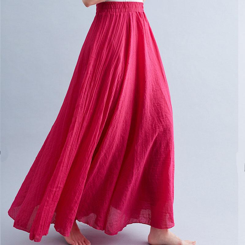 Sommer Herbst Damen Rock Literarisch Große Baumwolle Leinen Halbrock Elastische Taille Leinen A-Linie Rock Langer Abschnitt Reine Farbe Wind Swing Rock L rose rot