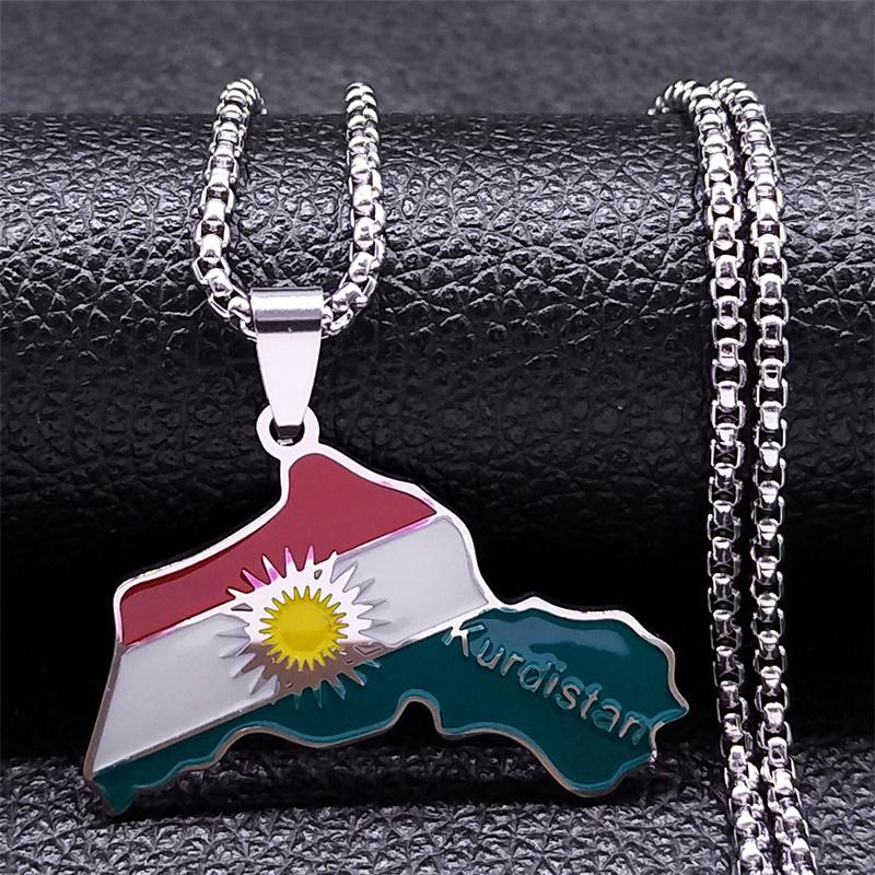 Kurdistan Region Karte Halskette für Frauen Männer Ketten Edelstahl Kurdische Flagge Karte Anhänger Halskette Schmuck Halsband N6212S01 gray