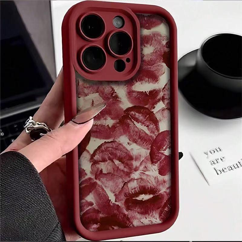 Feuerrotes Lippen-Handyhülle für Apple 17 Pro Max, 16 Plus, 13, 12, 11, 7P - Weich, Weinrot Apple 14 gray