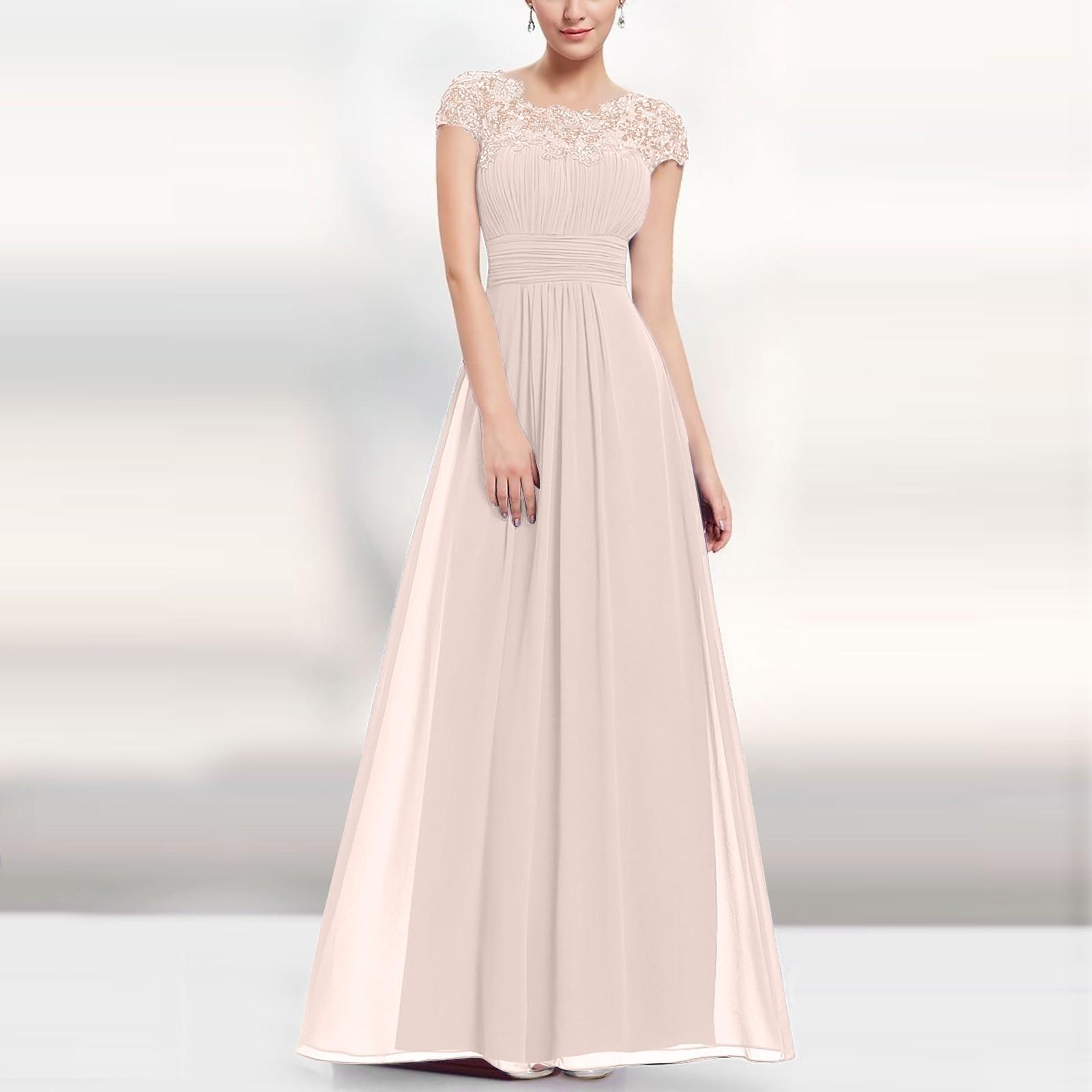 Damenmode, florales, formelles Spitzen-Vintage-Kurzarm-, schmales, langes Hochzeitskleid XL beige