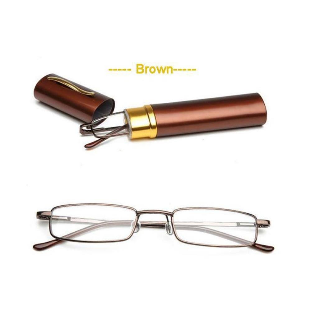Eso Vision Mini Lesebrille Frau Und Mann Tube Extra Klein Metall Lesebrille Schwarz Pink mit Stiftetui Damen Herren +200 brown