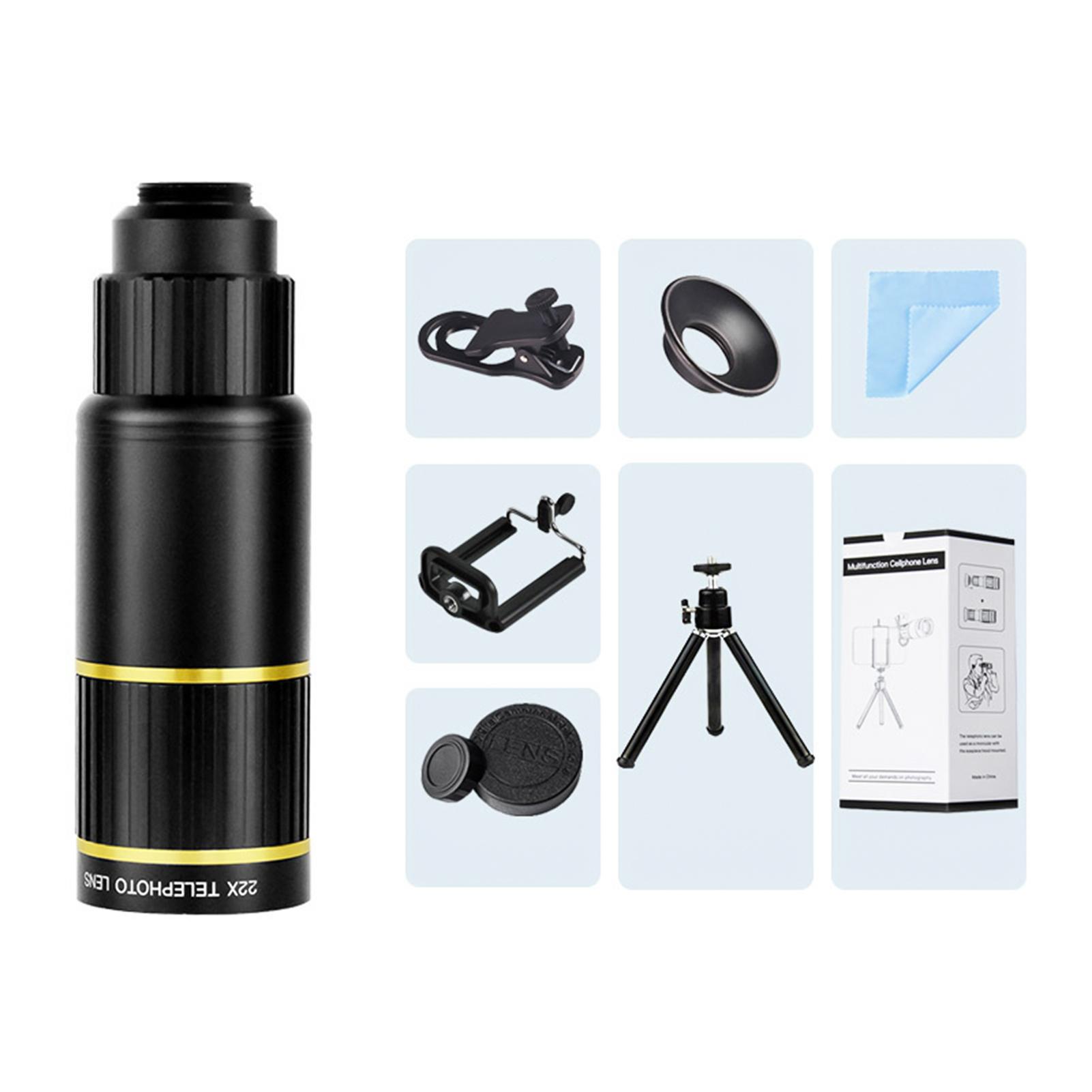 22X Telefon Teleobjektiv Kit mit Telefon Halter Objektiv Clip Augenmuschel Reinigung Tuch Mini Stativ für TYPE1