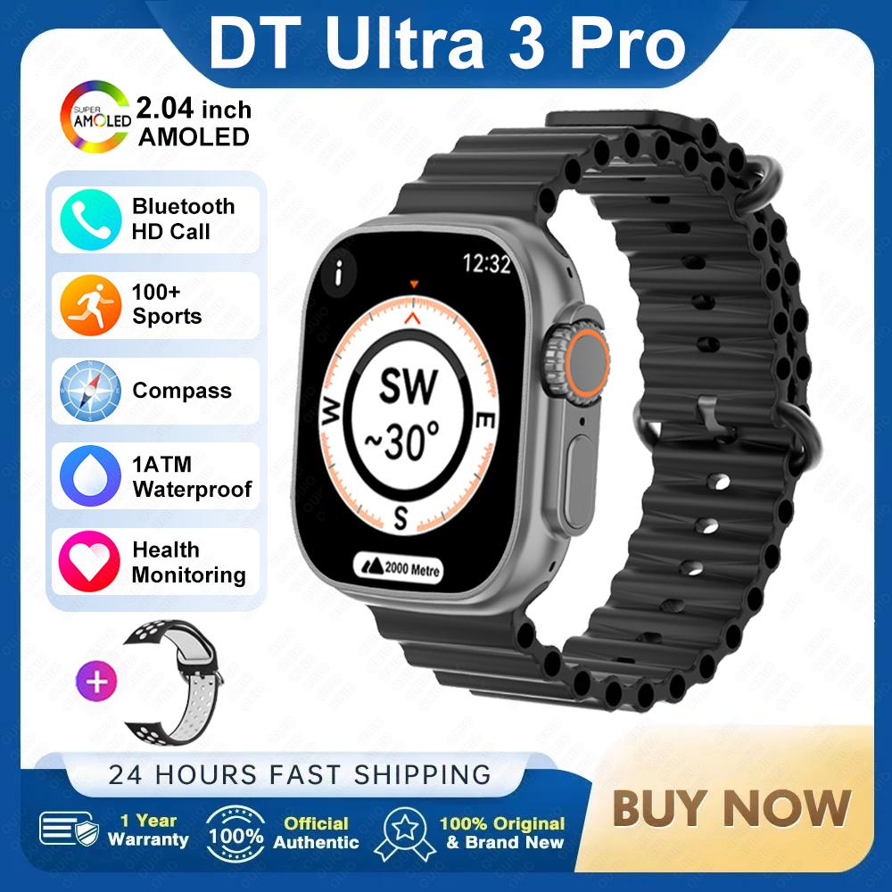 2025Neu DT Ultra 3 Pro Google Maps NFC Smartwatch 32G Speicher Musik Video NFC Bluetooth Anruf Wasserdichte Smartwatch Silicone + Hole schwarz