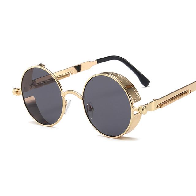 Klassische Gothic Steampunk Sonnenbrille Herren Damen Vintage runder Metallrahmen Sonnenbrille nicht polarisierte Brille grau/gold