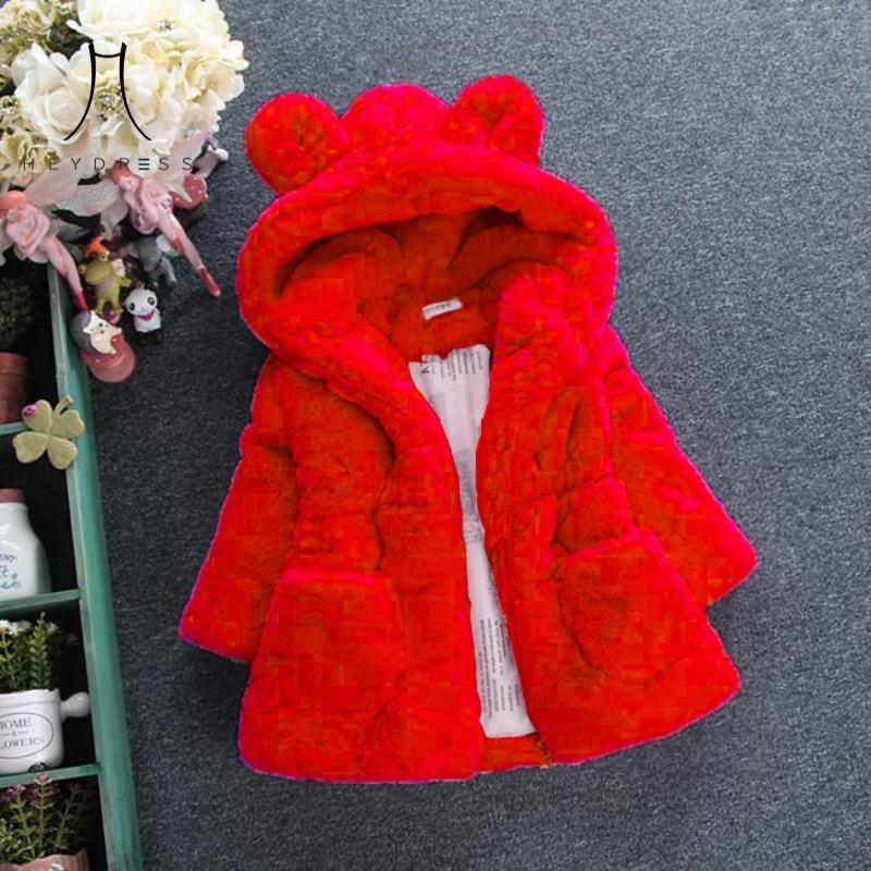 Kinderkleidung Herbst Winter Neu Mädchen Kinder Imitat Pelz Baumwollgepolsterte Jacke Ohren Verdickte Jacke Wintermode Warmer Mantel 90 rot