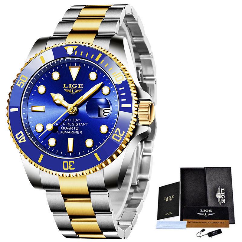 LIGE Top Marke Luxus Mode Taucher Uhren Männer 30ATM Wasserdicht Datum Uhr Sport Uhr Männer Quarz Armbanduhr gold/blau
