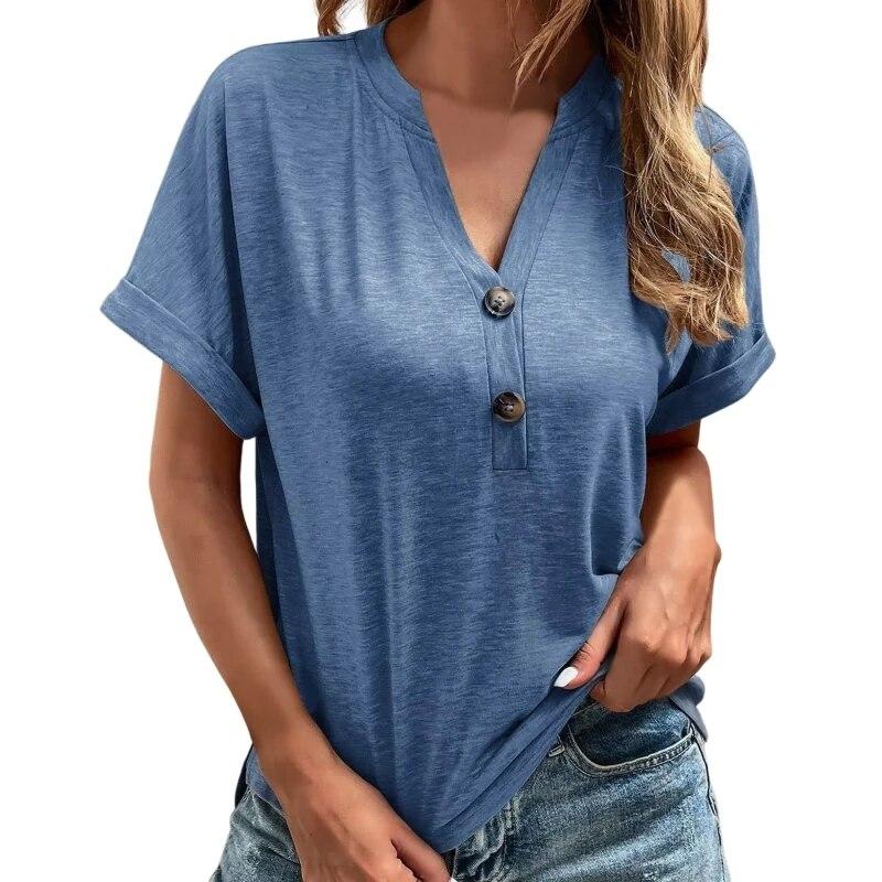 Europäische und amerikanische Damenoberteile, kurzärmelig, einfarbig, Damen-T-Shirts mit V-Ausschnitt, modisch, bequem, Damen-T-Shirts, Streetwear XXXL blau