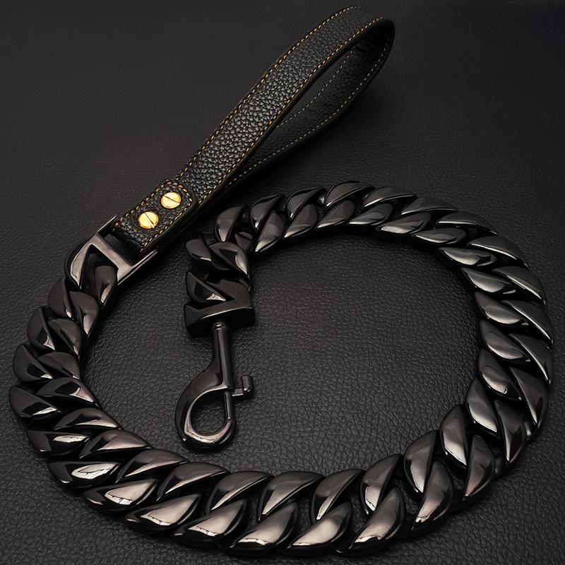 Großer Hund Edelstahl Haustierbedarf Ledergriff Zugseil Titanstahl Großer Hund Guss Hundekette 32mm*60CM(24inch) black